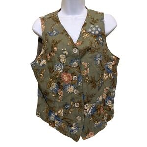 Scott Taylor Floral Vest SZ 8 Green Linen Blend EUC VTG Cottagecore Waistcoat